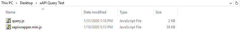 Folder structure showing query.js and xapiwrapper.min.js files