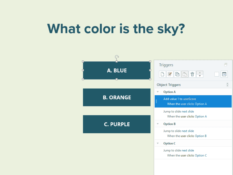 Storyline slide sample showing trigger that adds 1 to userScore variable