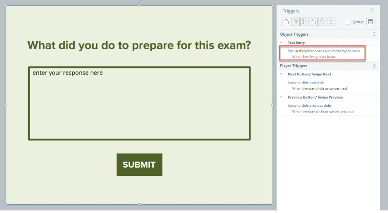 Setting userPrepResponse to typed value when text entry loses focus trigger