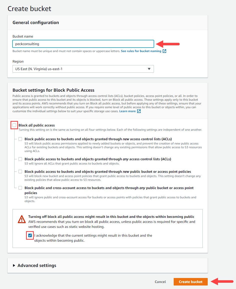 Create the Amazon S3 bucket and uncheck "Block all public access"