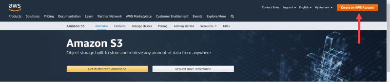 Select "Create an AWS Account" button on Amazon S3 homepage