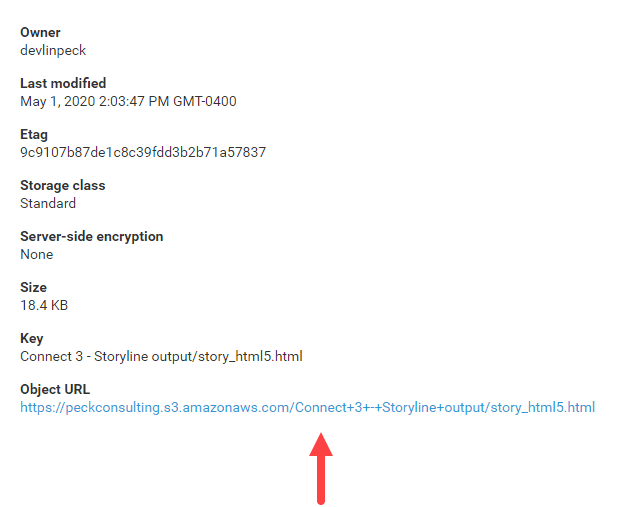 Copy the Object URL for the public-facing URL to your Storyline course