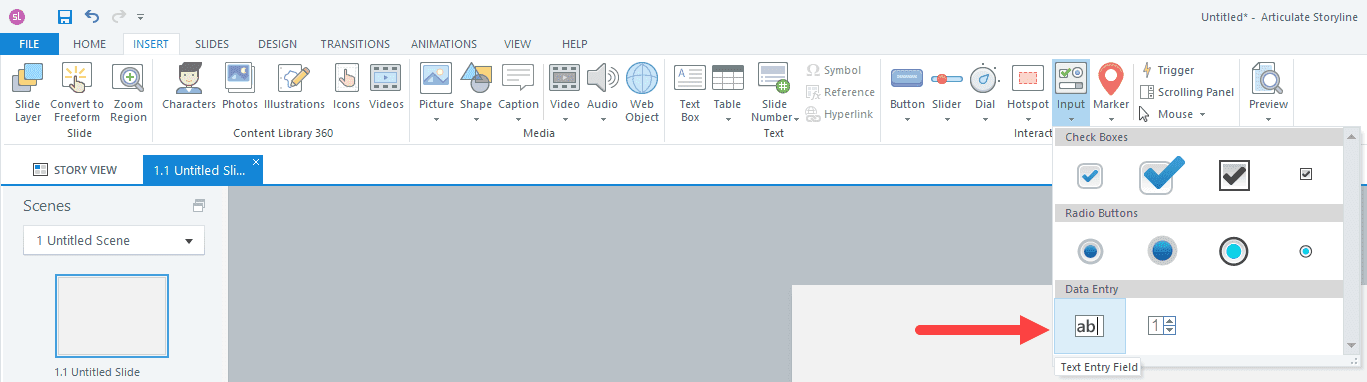 Storyline screenshot showing insert tab, input button, text entry field