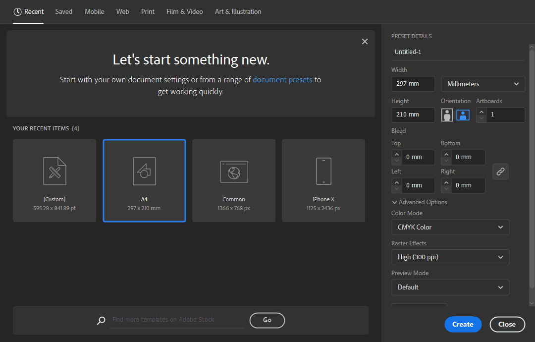 Certificate artboard settings in Adobe Illustrator - A4, millimeters, and landscape settings