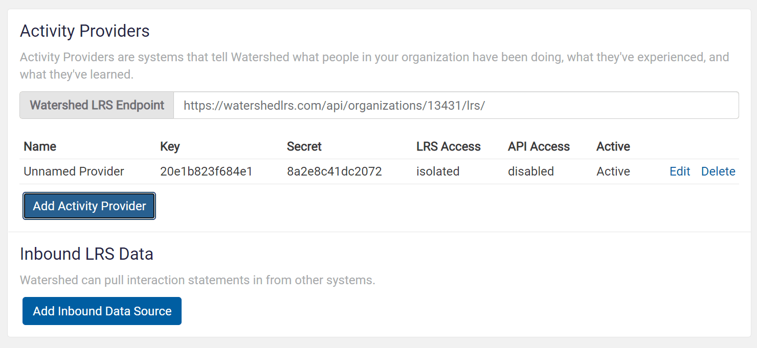 Add an activity provider to generate a Key and Secret