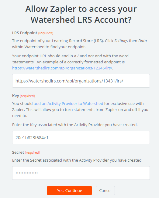 Paste the endpoint, key, and secret into the Zapier popup