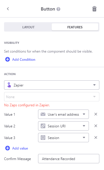 Add three values to the button's Zapier action