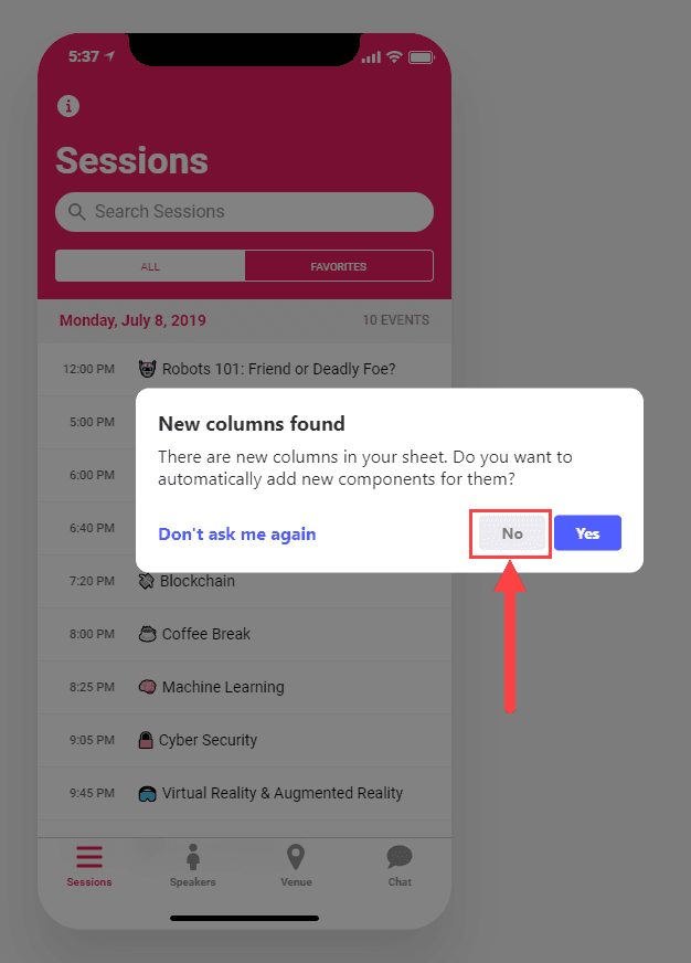 Select No so that the app does not add new components for the column