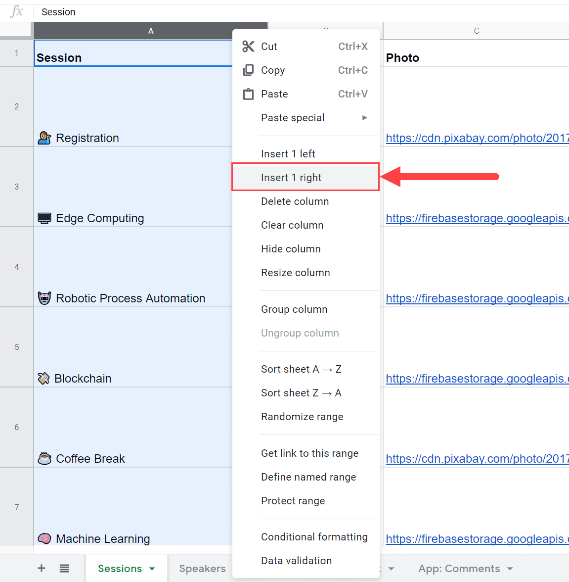 Right click the session column and select Insert 1 right