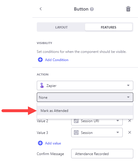 Select "Mark as Attended" in the dropdown box beneath Zapier