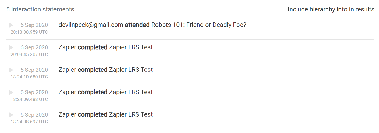 Statement stream with Watershed LRS xAPI statements from Glide