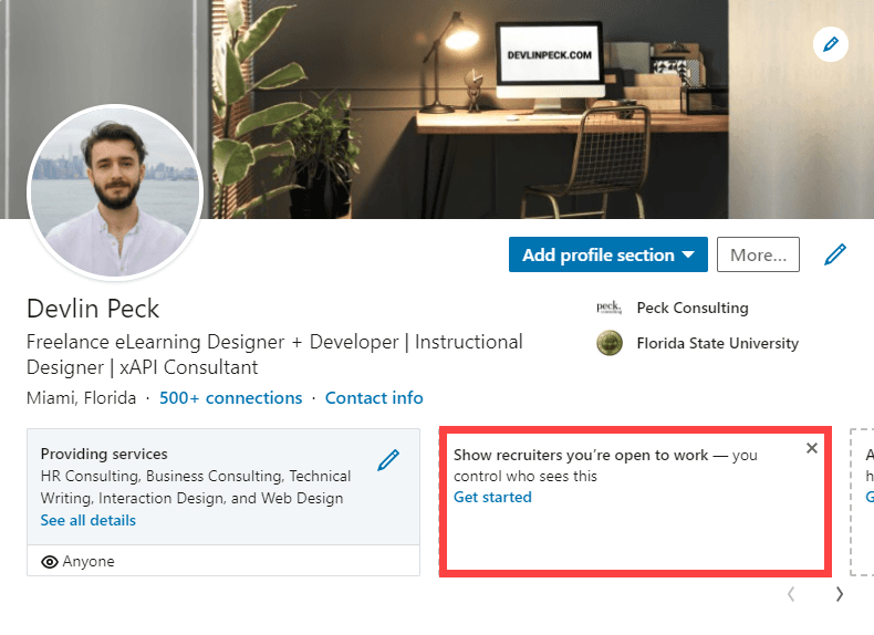 Show recruiters you're open to work LinkedIn button