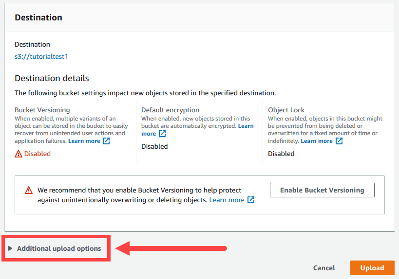 Select the "Additional upload options" text