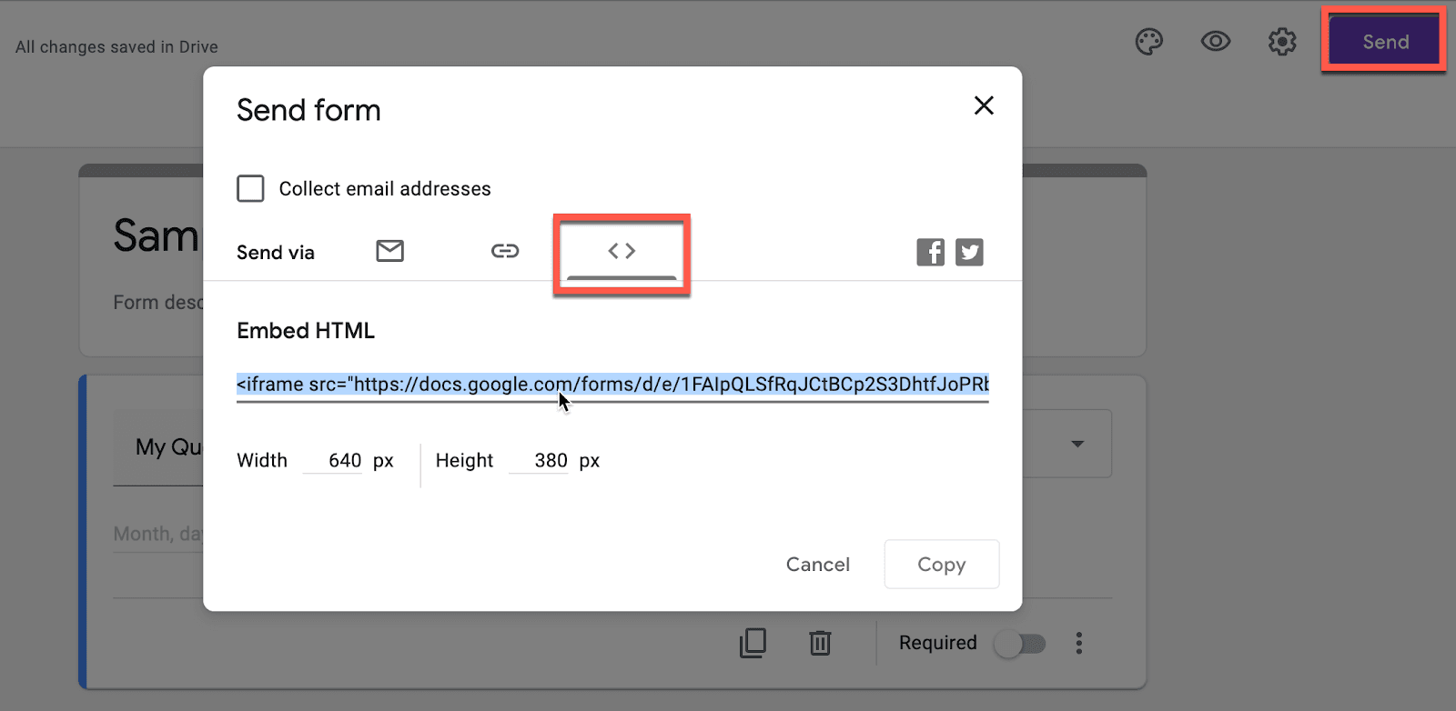 Copy embed code from Google Forms "Send" menu